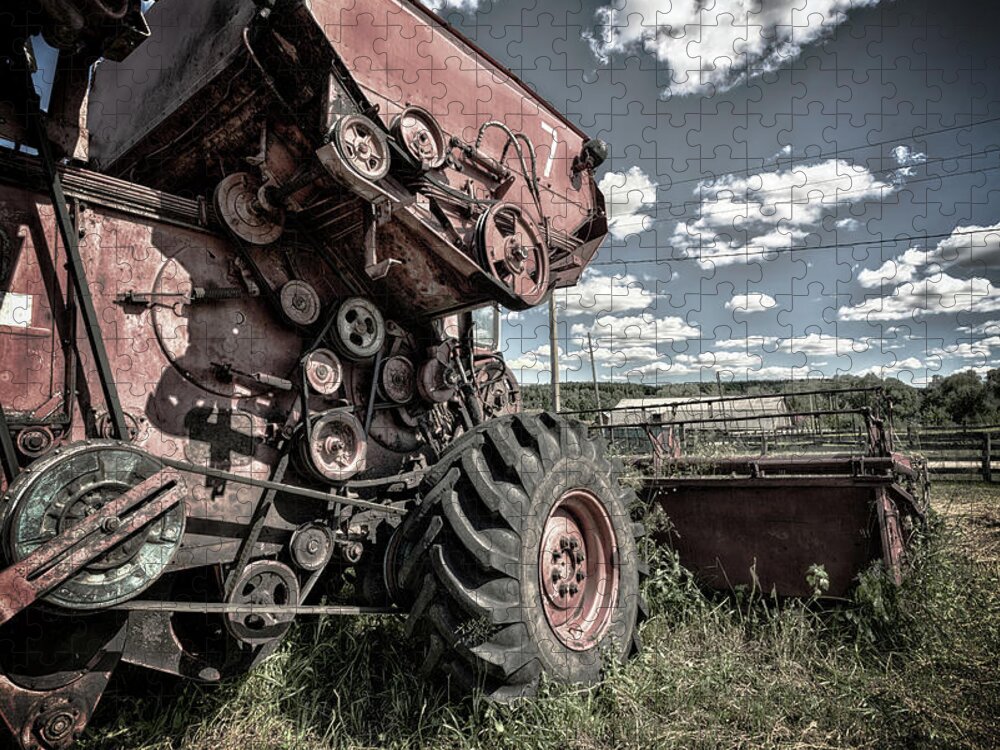Combine Harvester Jigsaw Puzzle featuring the photograph Rays of Electricity and The Combine Doth Stop by John Williams