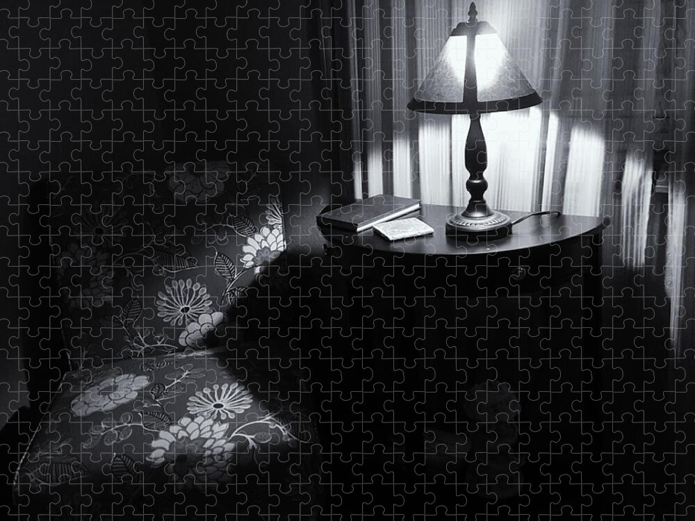 Black And White Jigsaw Puzzle featuring the photograph Reading Corner by Bonnie Bruno