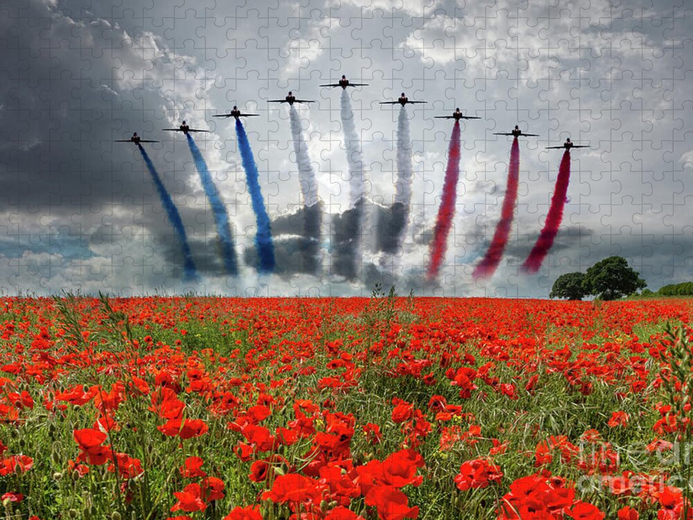 Red Arrows Jigsaw Puzzle featuring the digital art Red Arrows Poppy Field by Airpower Art