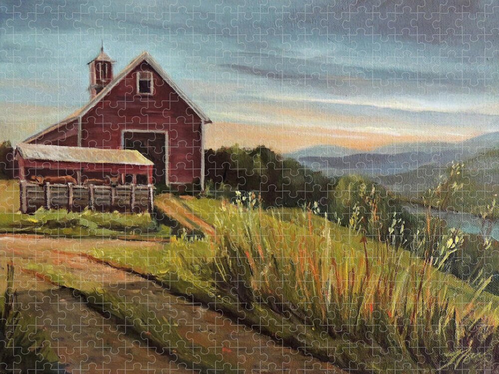 Barn Jigsaw Puzzle featuring the painting Red Barn by the Connnecticut River by Nancy Griswold