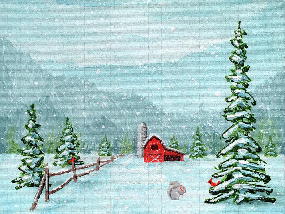 Red Barn Jigsaw Puzzle featuring the painting Red Barn in the Snow by Annie Troe