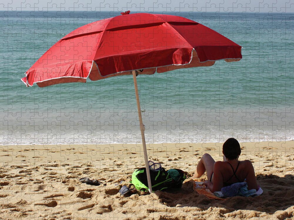 Red Jigsaw Puzzle featuring the photograph Red Beach Umbrella by Gravityx9 Designs