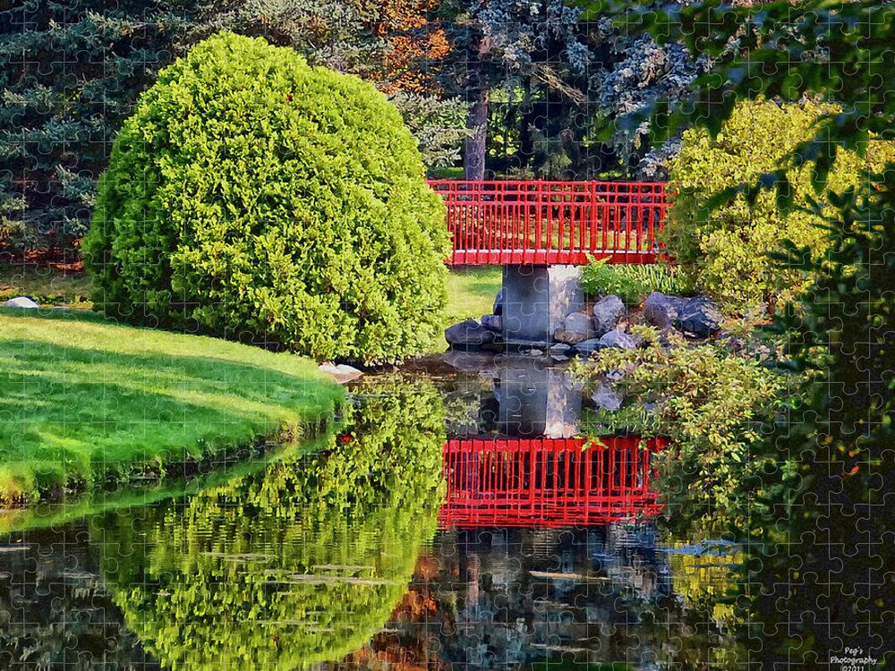 Red Bridge Jigsaw Puzzle featuring the photograph Red Bridge at Dow Gardens by Peg Runyan