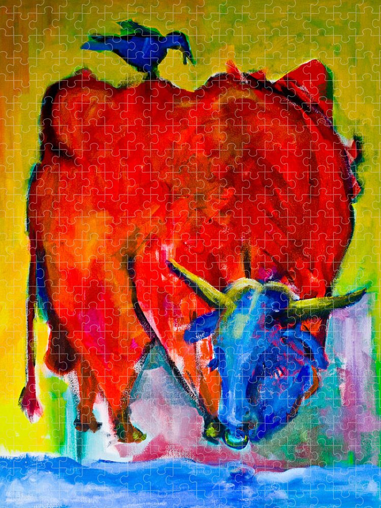 Bull Jigsaw Puzzle featuring the painting Red Bull With A Bird by Maxim Komissarchik