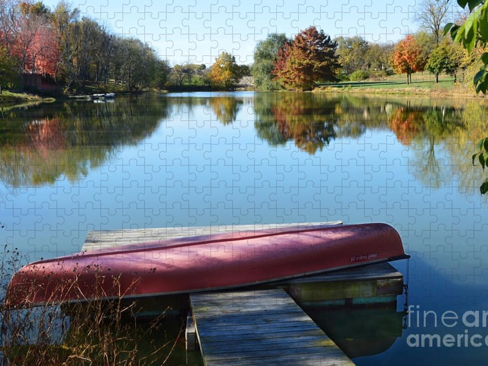Canoe Jigsaw Puzzle featuring the photograph Red Canoe in Autumn by Catherine Sherman