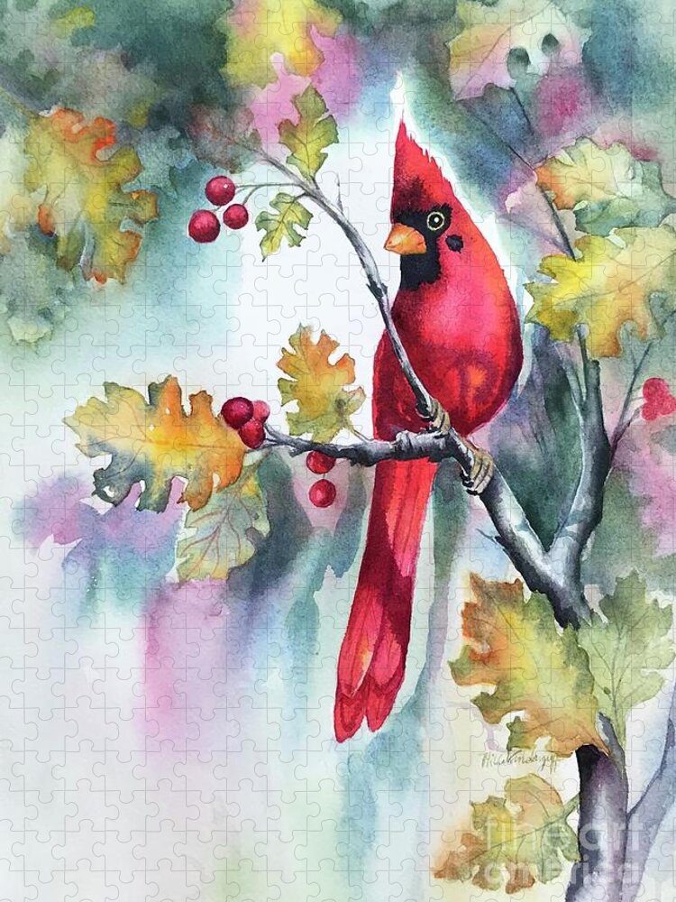 Red Cardinal Jigsaw Puzzle featuring the painting Red Cardinal with Berries by Hilda Vandergriff