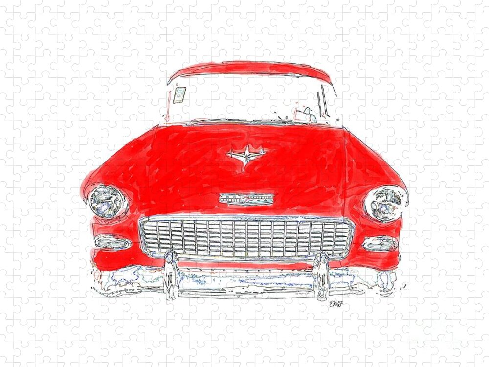 Tee Jigsaw Puzzle featuring the drawing Red Chevy T-Shirt by Edward Fielding