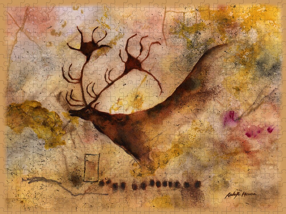 Cave Jigsaw Puzzle featuring the painting Red Deer by Hailey E Herrera