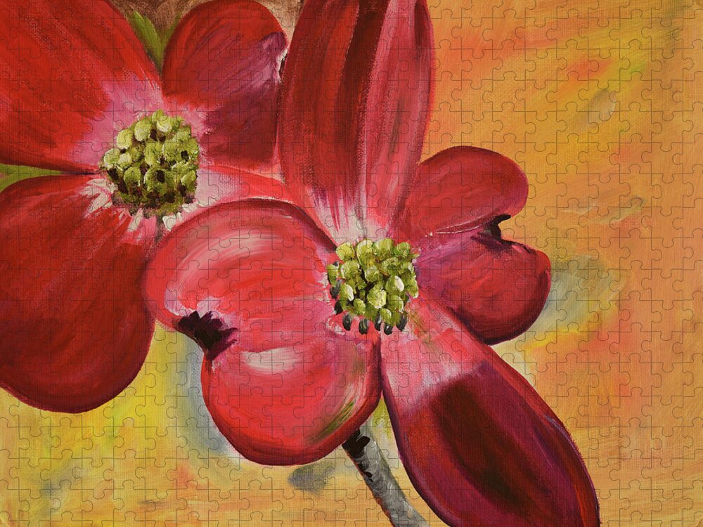 Cherokee Dogwood Jigsaw Puzzle featuring the painting Red Dogwood - Canvas Wine Art by Jan Dappen