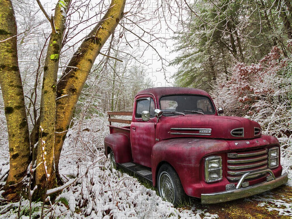 Truck Jigsaw Puzzle featuring the photograph Red Ford Truck in the Snow by Debra and Dave Vanderlaan