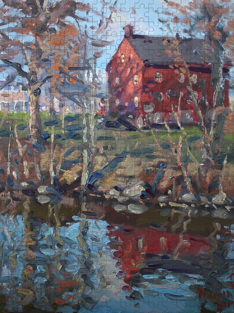 Red House Jigsaw Puzzle featuring the painting Red House by Tonawanda Canal by Ylli Haruni