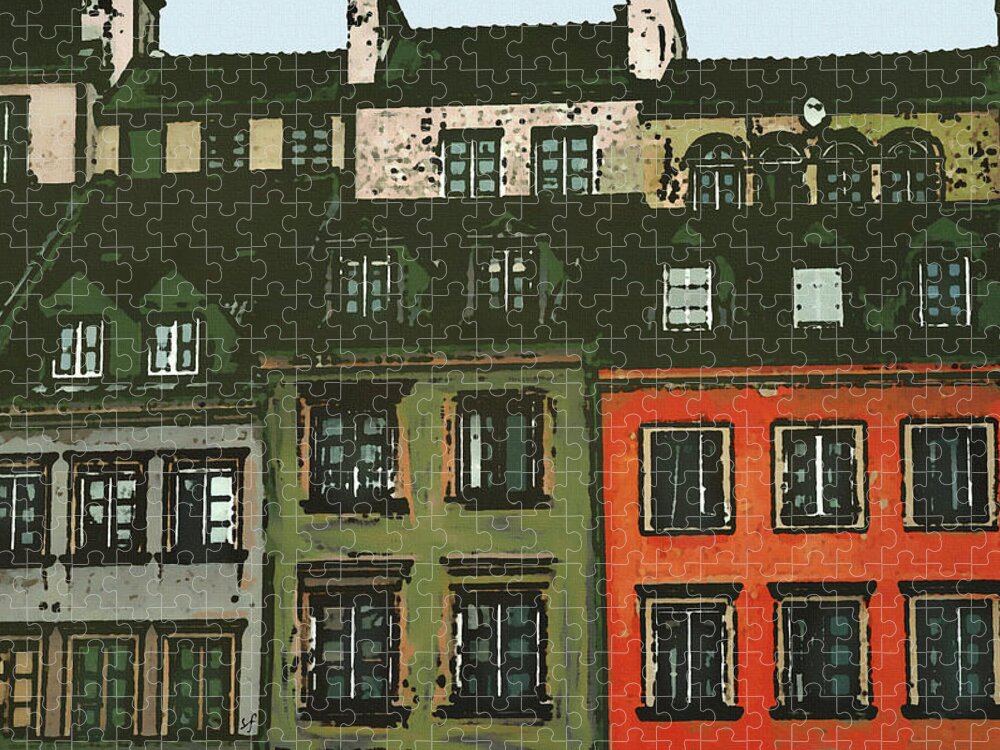 Row Houses Jigsaw Puzzle featuring the mixed media Red House in a Row by Shelli Fitzpatrick