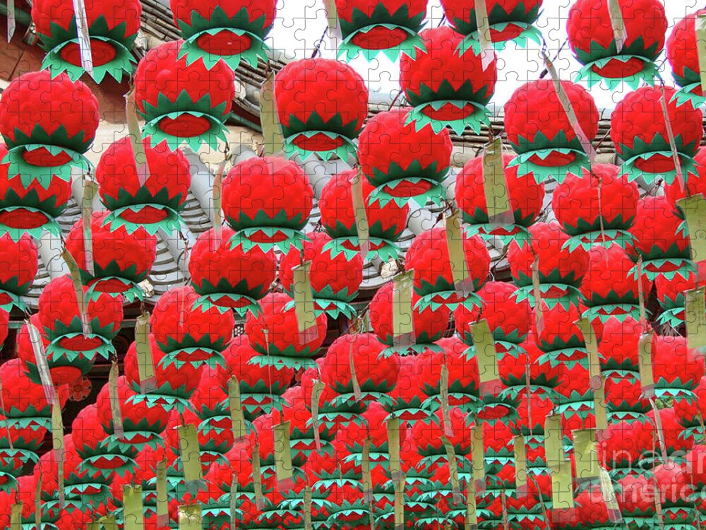 Lotus Jigsaw Puzzle featuring the photograph Red lotus lanterns in Seoul by Delphimages Photo Creations