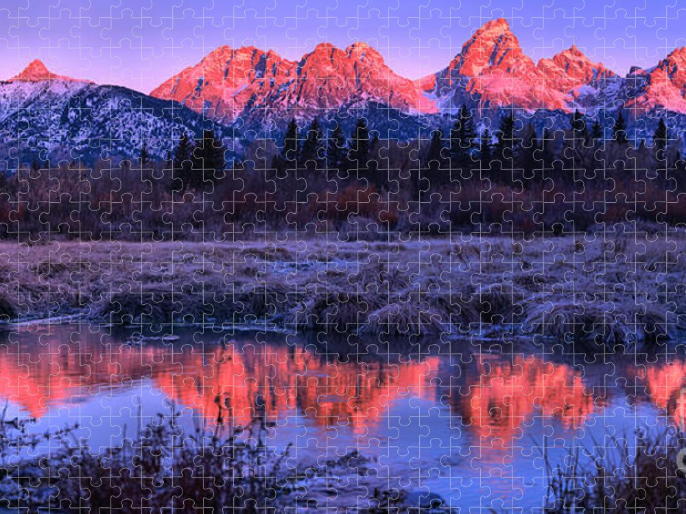 Grand Teton National Park Jigsaw Puzzle featuring the photograph Red Morning Teton Peaks Panorama by Adam Jewell