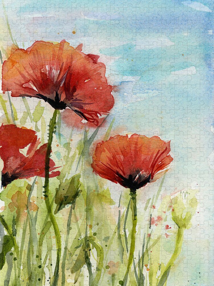 Red Poppy Jigsaw Puzzle featuring the painting Red Poppies Watercolor by Olga Shvartsur