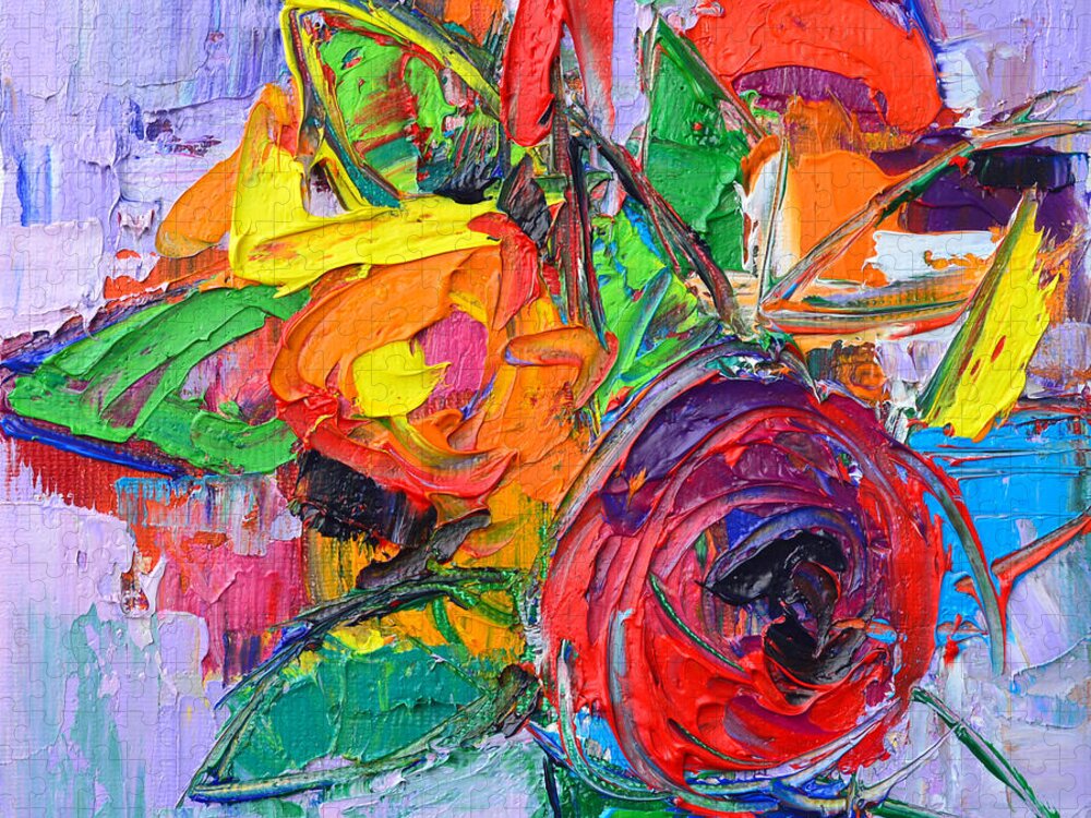 Abstract Jigsaw Puzzle featuring the painting Red Rose And Wildflowers Abstract Modern Impressionist Palette Knife Oil Painting Ana Maria Edulescu by Ana Maria Edulescu