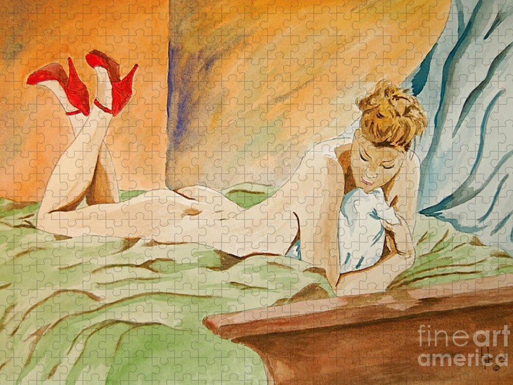 Nude Jigsaw Puzzle featuring the painting Red Shoes by Herschel Fall