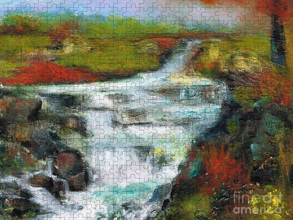 Fall Colors Jigsaw Puzzle featuring the painting Yellow Fields with Red Sumac by Frances Marino