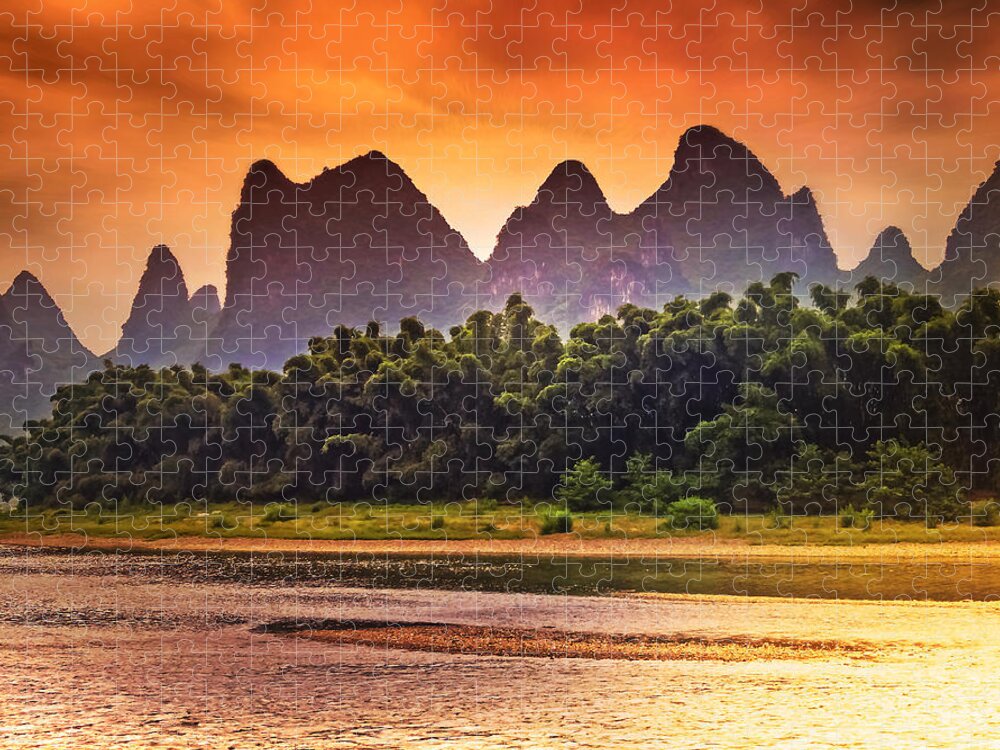 Sunset Jigsaw Puzzle featuring the photograph Red sunset glows-China Guilin scenery Lijiang River in Yangshuo by Artto Pan