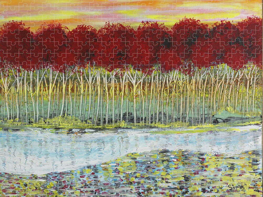 Landscape Jigsaw Puzzle featuring the painting Red Trees at water by Sima Amid Wewetzer