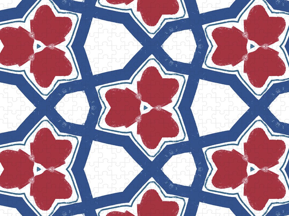 Red Jigsaw Puzzle featuring the digital art Red White and Blue Floral Motif- Art by Linda Woods by Linda Woods