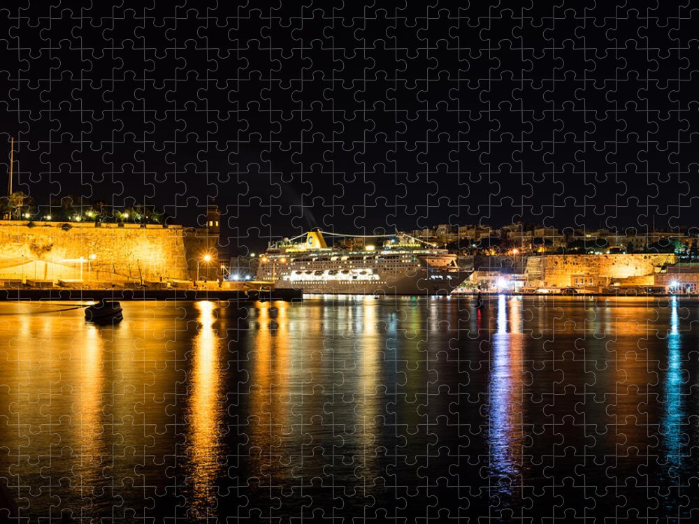 Georgia Mizuleva Jigsaw Puzzle featuring the photograph Reflecting on Malta - Cruising Out of Valletta Grand Harbour by Georgia Mizuleva