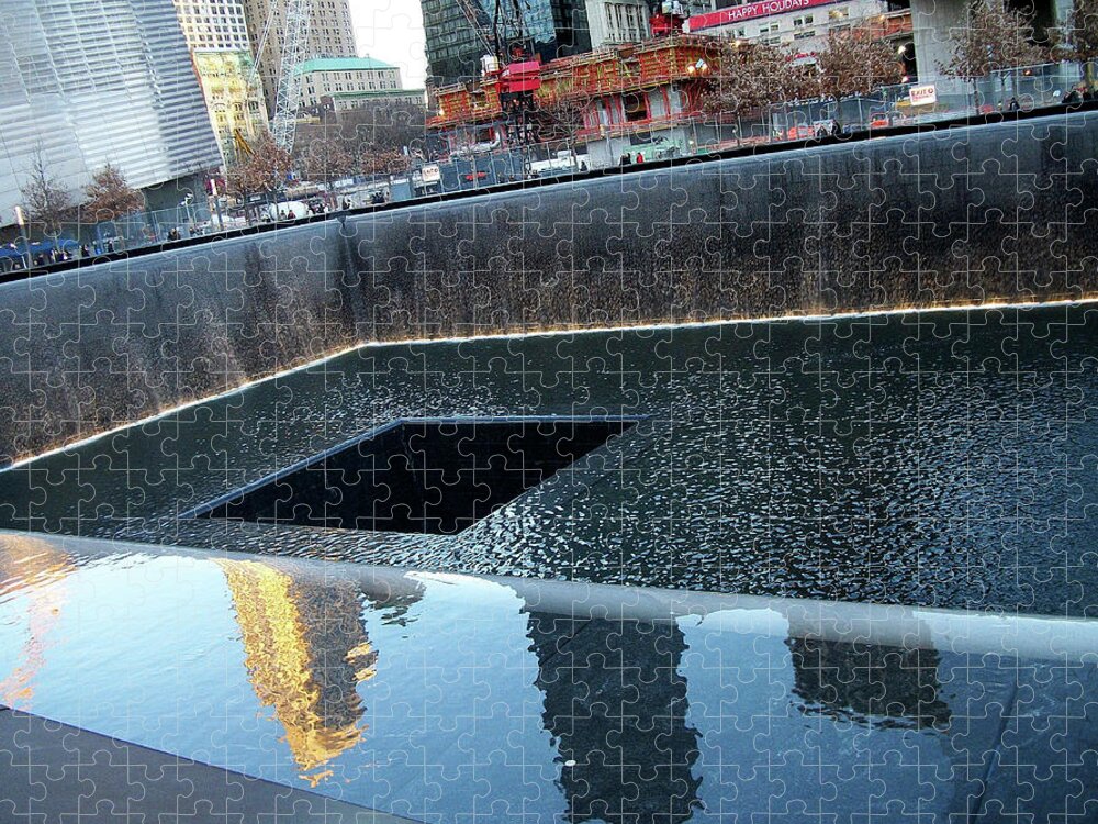 Reflecting Pool Jigsaw Puzzle featuring the photograph Reflecting Pool at 9/11 Memorial Site in NYC by Linda Stern