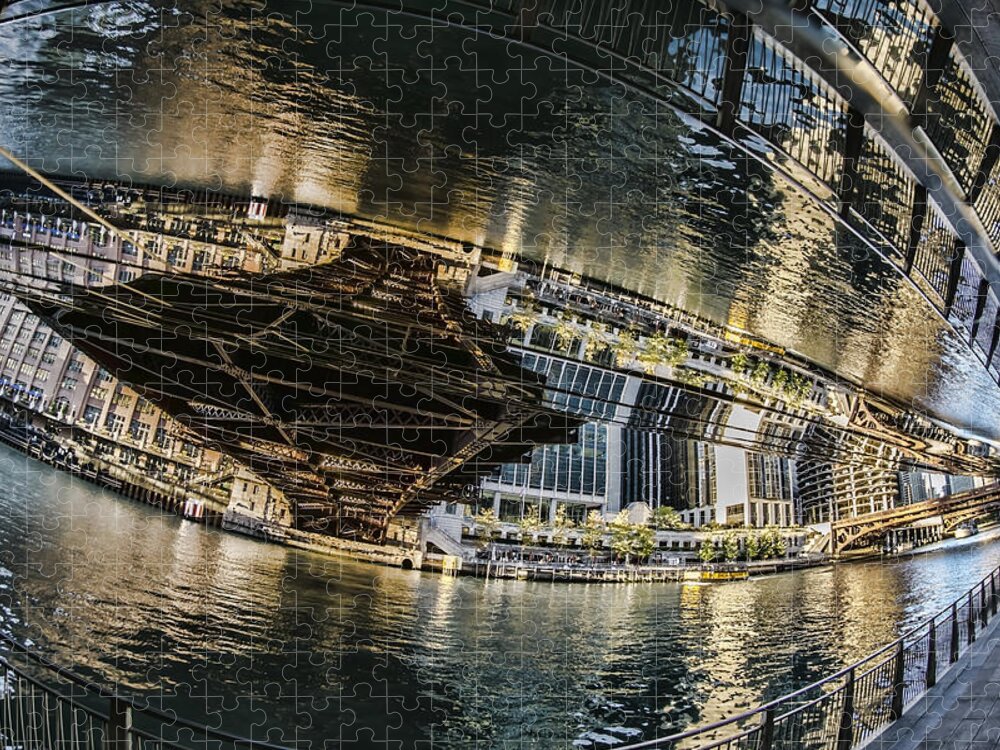 River Jigsaw Puzzle featuring the photograph reflection fisheye on the Chicago River by Sven Brogren
