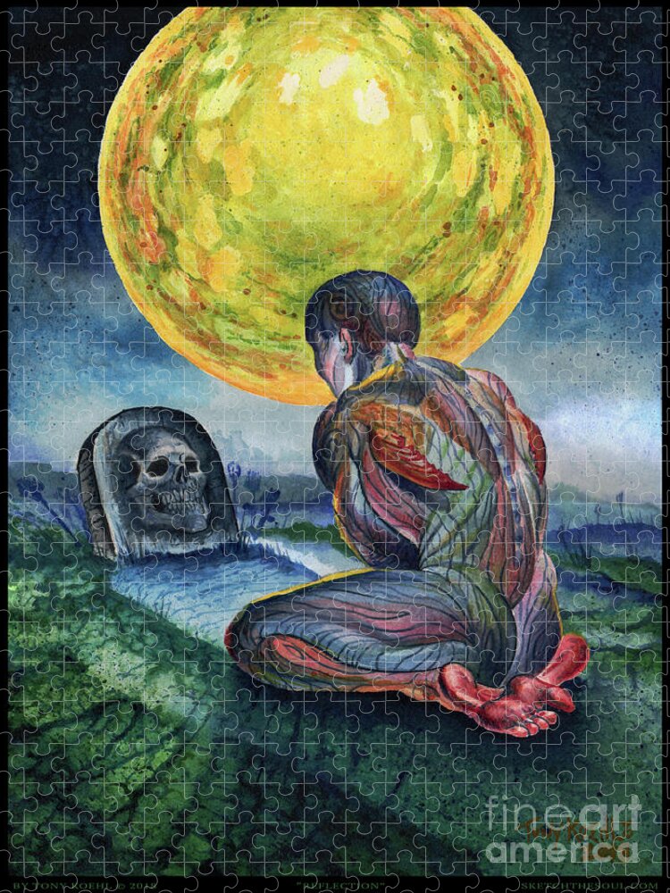 Tony Koehl; Sketch The Soul; Moon; Night; Skull; Night; Figure; 3rd Eye; 3rd Eye Enigma; Watercolor; Time; Reflection; Alone; Figure; Art; Artist; Dark; Splatter. Jigsaw Puzzle featuring the painting Reflection by Tony Koehl