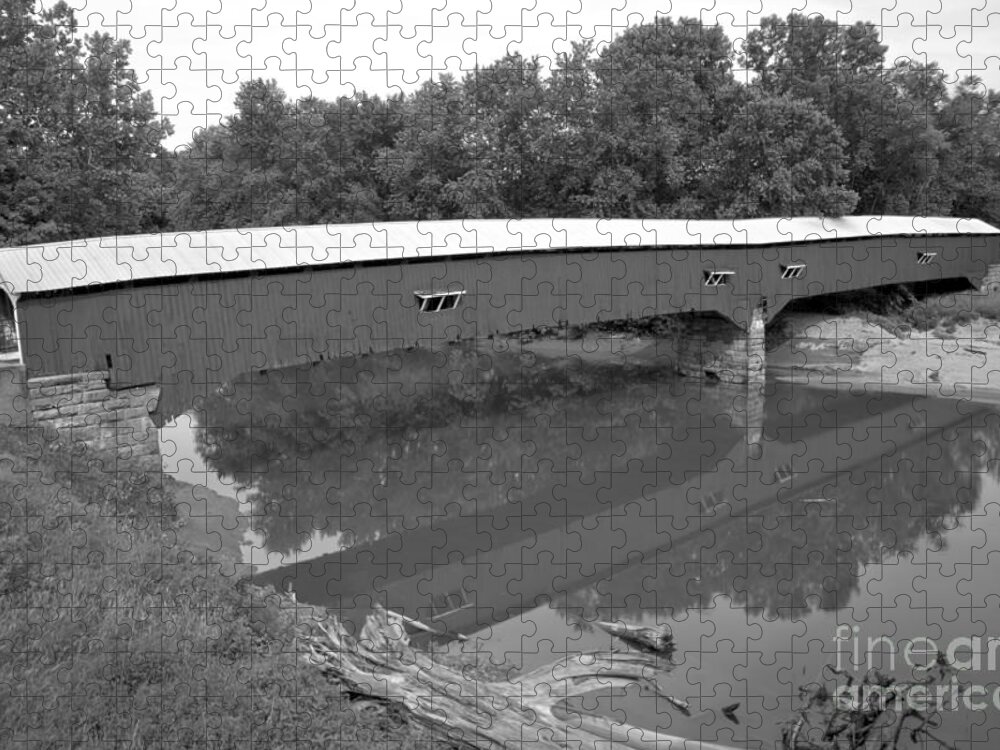 West Union Jigsaw Puzzle featuring the photograph Reflections Of The West Union Covered Bridge Black And White by Adam Jewell