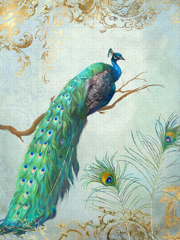 Regal Peacock 1 on Tree Branch w Feathers Gold Leaf Jigsaw Puzzle