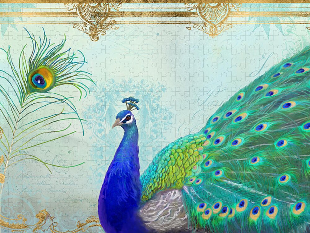 Peacock Jigsaw Puzzle featuring the painting Regal Peacock 2 w Feather n Gold Leaf French Style by Audrey Jeanne Roberts