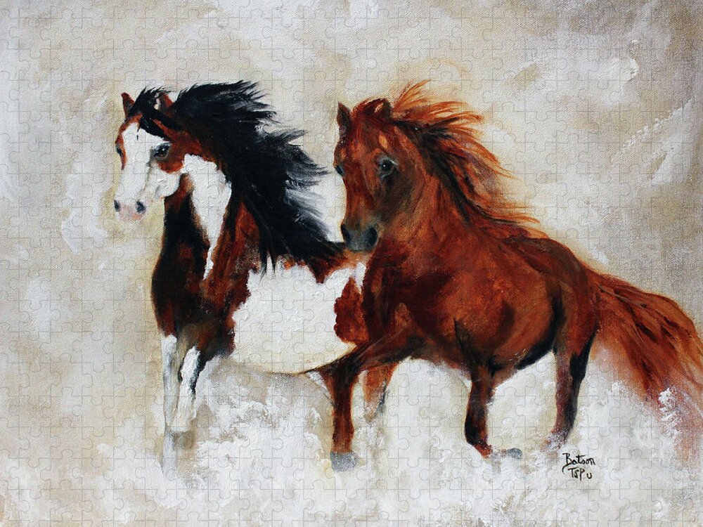 Two Horses Jigsaw Puzzle featuring the painting Rein And Dancer by Barbie Batson