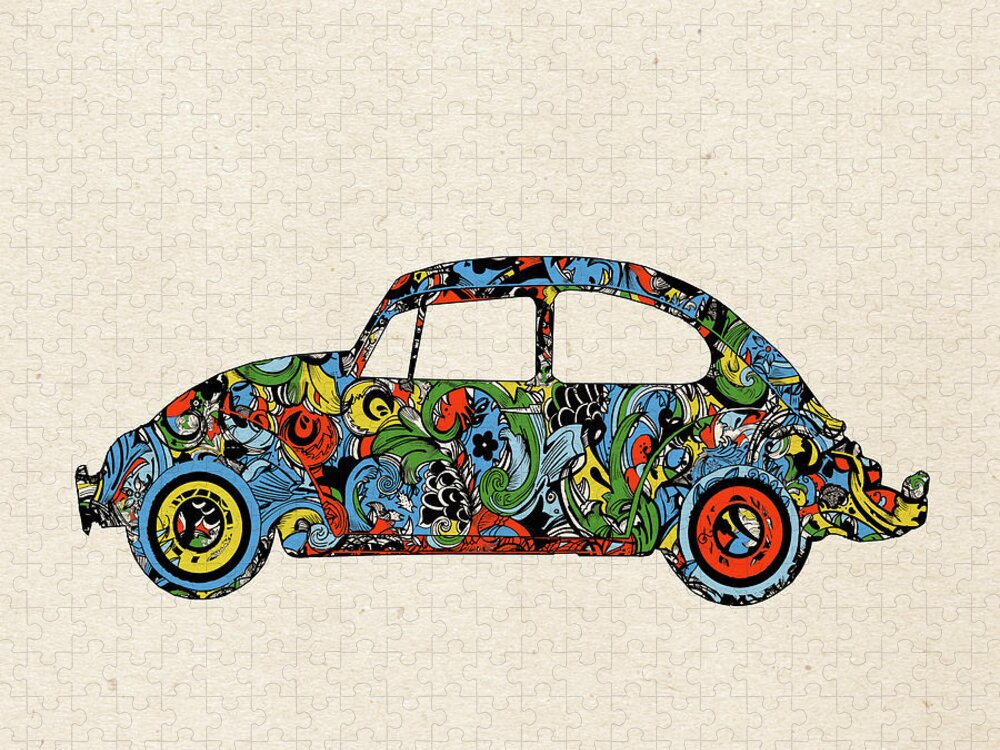 Retro Jigsaw Puzzle featuring the digital art Retro Beetle Car 3 by Bekim M