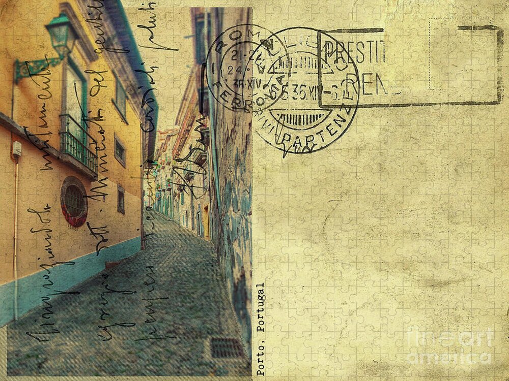 Postcard Jigsaw Puzzle featuring the digital art retro postcard of Porto, Portugal by Ariadna De Raadt
