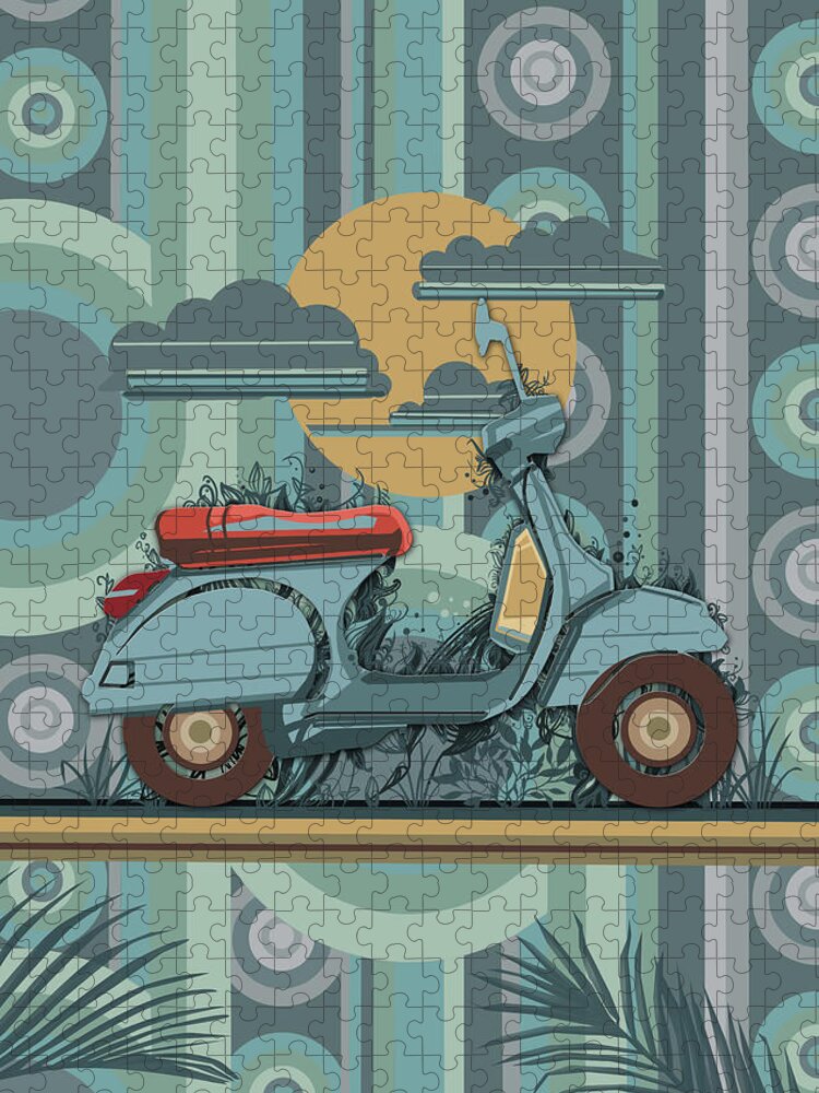 Retro Jigsaw Puzzle featuring the digital art Retro Scooter 70s by Bekim M