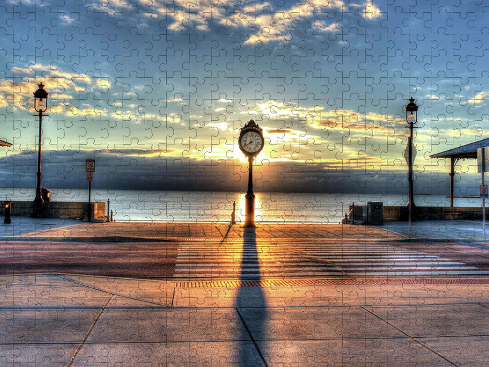 Revere Jigsaw Puzzle featuring the photograph Revere Beach Clock at Sunrise Long Shadow Revere MA by Toby McGuire