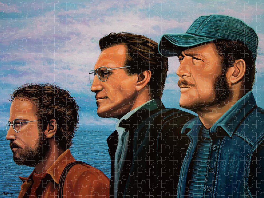 Jaws Jigsaw Puzzle featuring the painting Jaws with Richard Dreyfuss, Roy Scheider and Robert Shaw by Paul Meijering