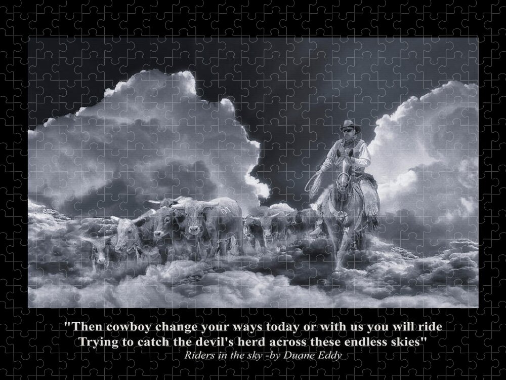Spirit Jigsaw Puzzle featuring the digital art Riders in the Sky BW by Rick Mosher