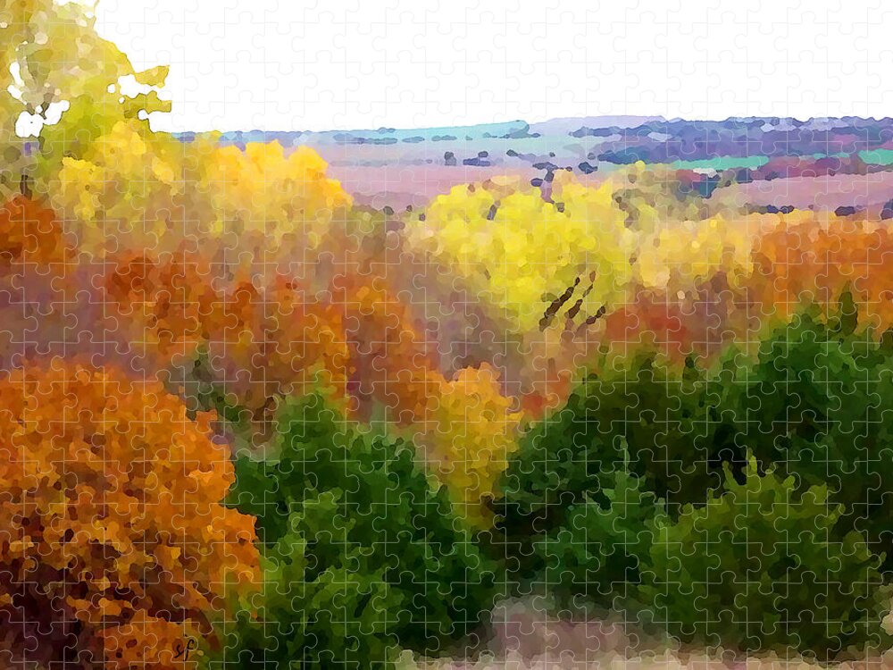 Fall Jigsaw Puzzle featuring the mixed media River Bottom in Autumn by Shelli Fitzpatrick