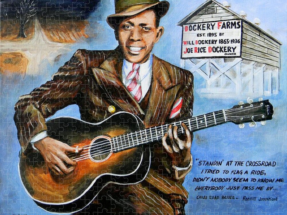 Robert Johnson Jigsaw Puzzle featuring the painting Robert Johnson Mississippi Delta Blues by Karl Wagner