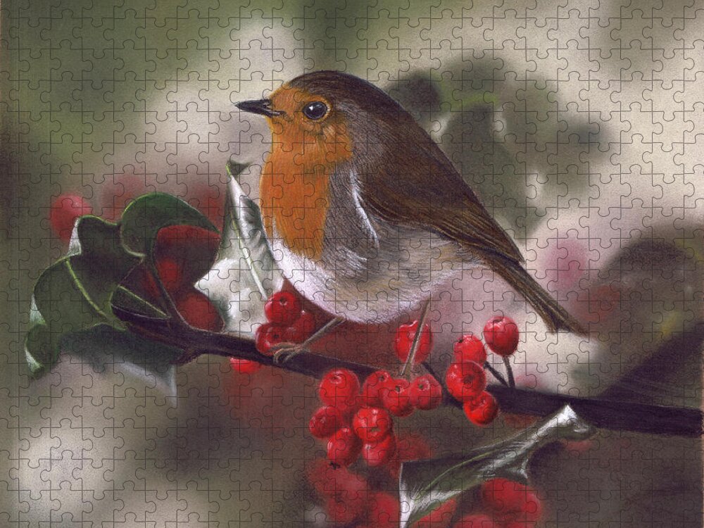 Robin Jigsaw Puzzle featuring the pastel Robin and Berries by Karie-ann Cooper