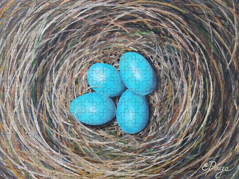 Realism Jigsaw Puzzle featuring the painting Robin's Eggs by Emily Page