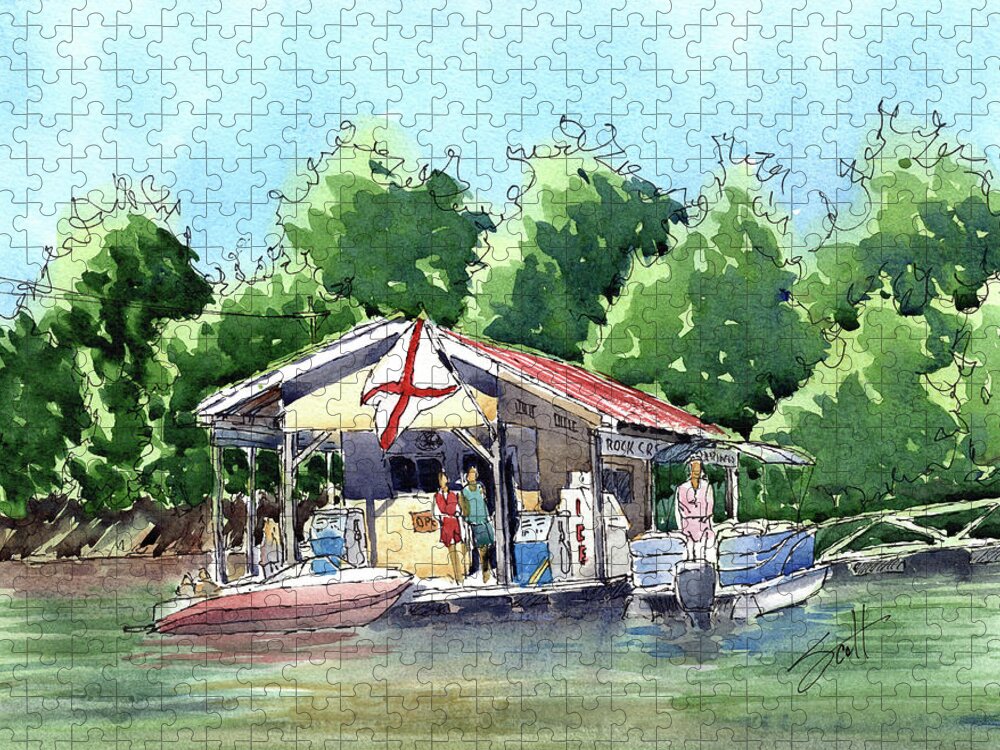  Line And Wash Jigsaw Puzzle featuring the painting Rock Creek Marina by Scott Brown