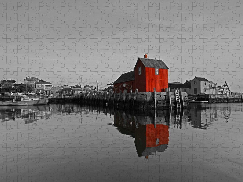 Selective Color Jigsaw Puzzle featuring the photograph Rockport Harbor Motif Number One by Juergen Roth