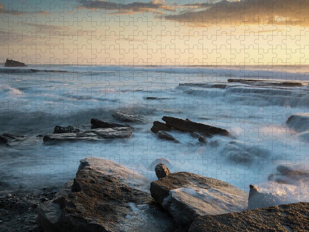 Sea Jigsaw Puzzle featuring the photograph Rocky seashore during sunset by Michalakis Ppalis