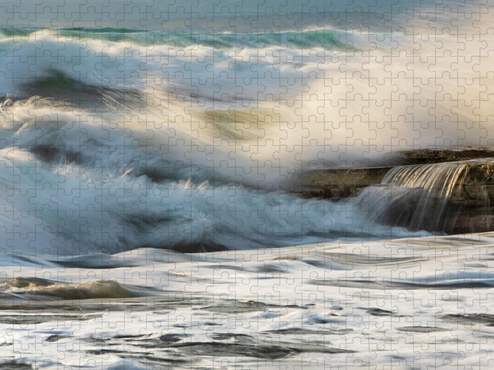Sea Waves Jigsaw Puzzle featuring the photograph Rocky seashore, wavy ocean and wind waves crashing on the rocks by Michalakis Ppalis