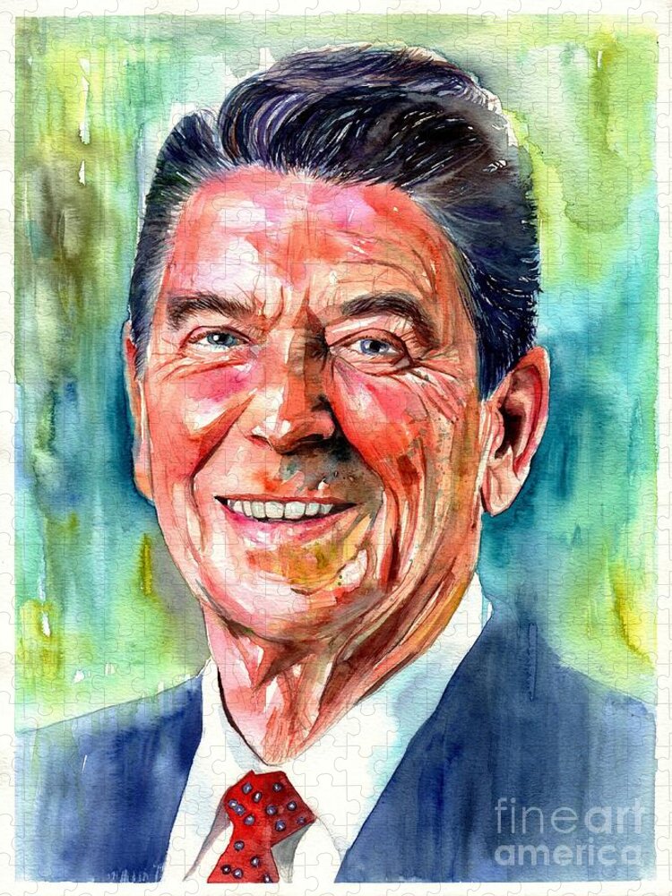 Ronald Jigsaw Puzzle featuring the painting Ronald Reagan watercolor by Suzann Sines
