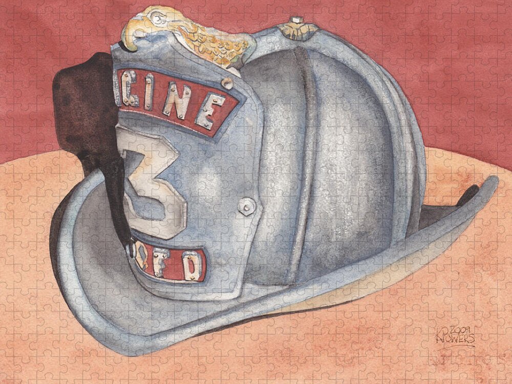 Fire Jigsaw Puzzle featuring the painting Rondo's Fire Helmet by Ken Powers