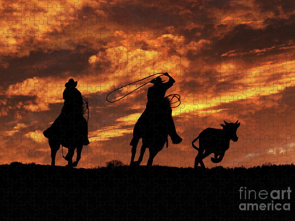 Western Jigsaw Puzzle featuring the photograph Roping Cowboys and Fiery Skies by Stephanie Laird